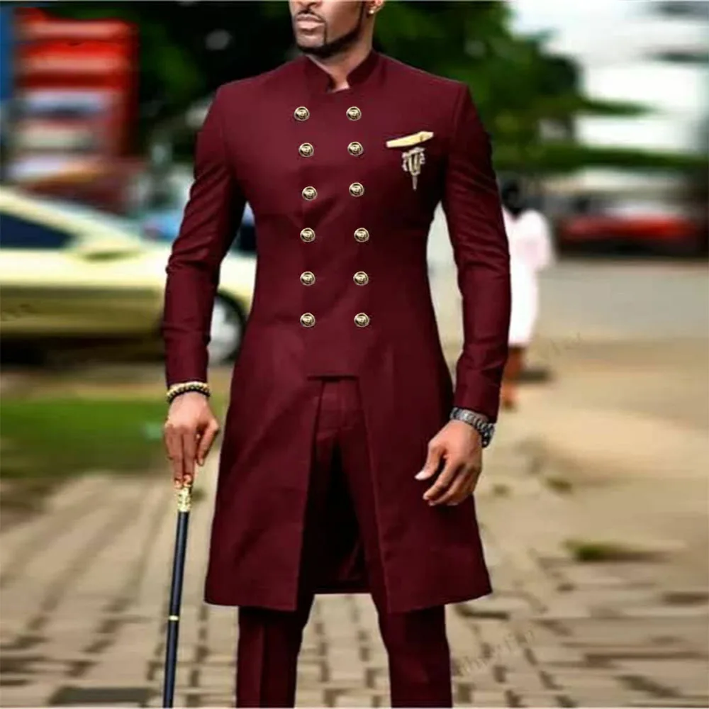 

Burgundy Suits Men For Wedding Stand Collar Blazer Pants 2 Pieces Gooom Wear Tuxedo Tailor-Made Male Fashion Clothing Prom Dress