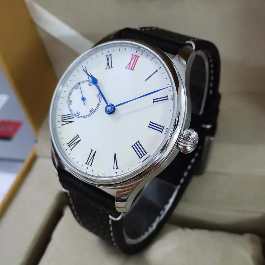 

GEERVO No logo 44mm Manual mechanical men's Watch White enamel dial Roman number Blue heart-shaped hand ST3600-2 Movement