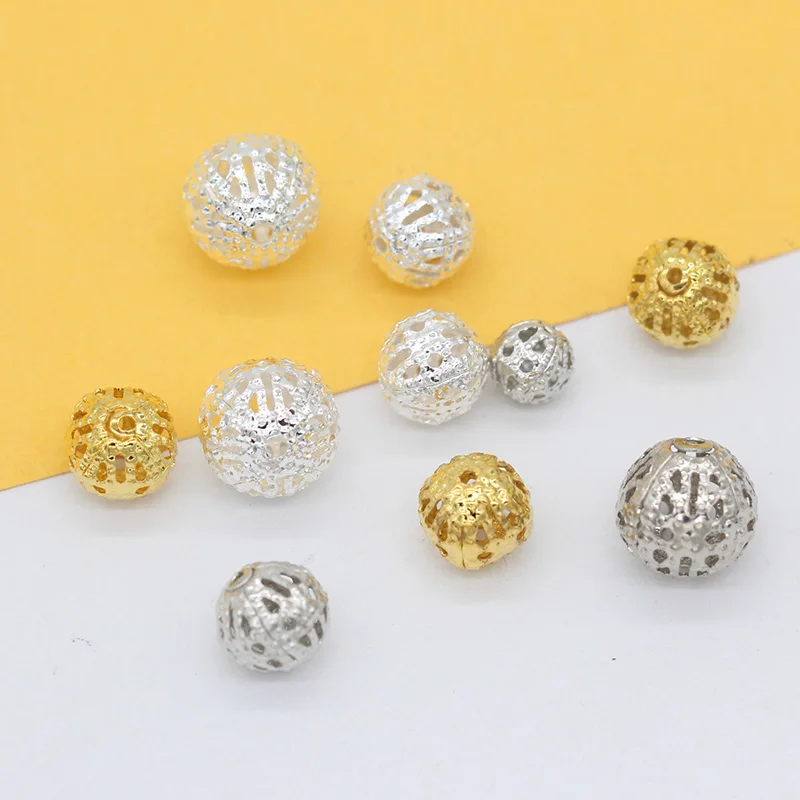 100p 6/8/10mm gold silver plated Filigree Hollow Round Beads For DIY Bracelets Necklace Jewelry Making Carved Metal Spacer Beads