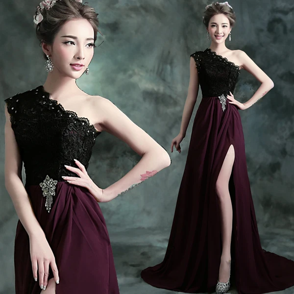 

one shoulder party prom gown 2025 black lace purple chiffon crystal vestido de festa longo robe de soiree bridesmaid dresses