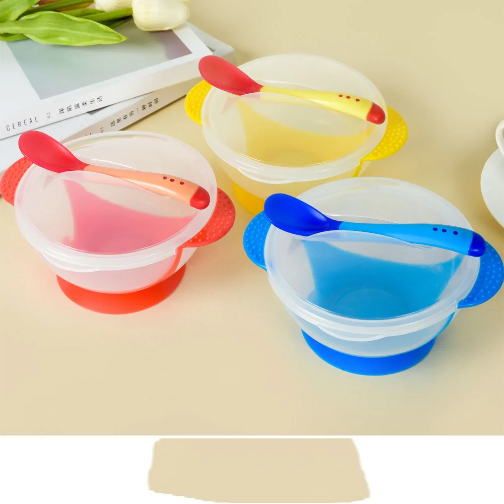 

Baby Sucker Bowl with Spoon Children's Tableware Temperature Sensing Feeding Spoon Learnning Dishes Safe Kids Dinnerware Set