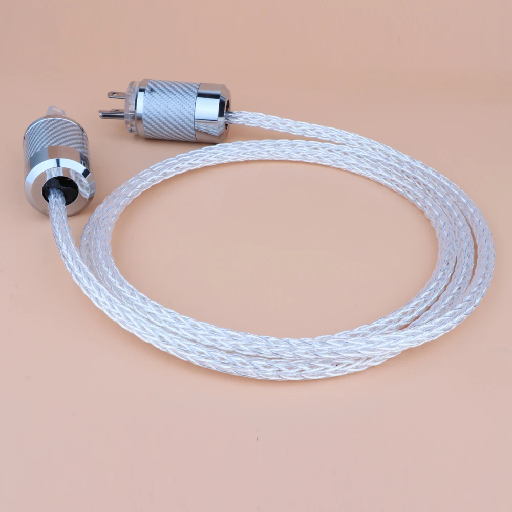 HI-End 8AG Silver Plated OCC Power Cord 16 Strands US AC Power Cable with Copper Rhodium Plated Carbon Fiber AC Plug Connector