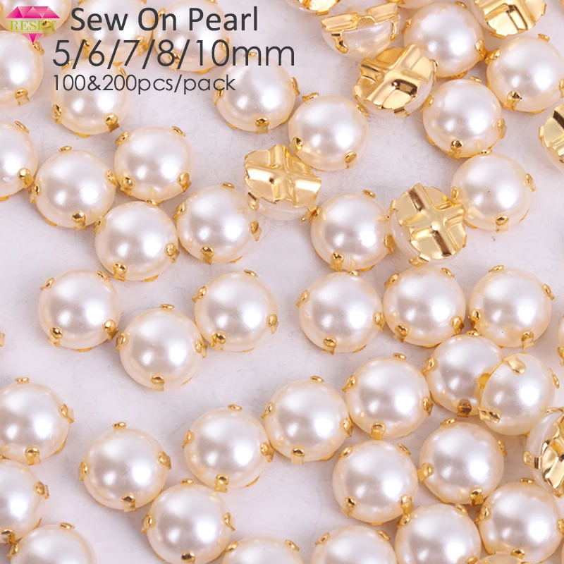 RESEN 5/6/7/8/10mm White Sewing Pearl Beads Sew On Rhinestones with Silver/Gold Claw Flatback Half Round Pearl for Craft Garment