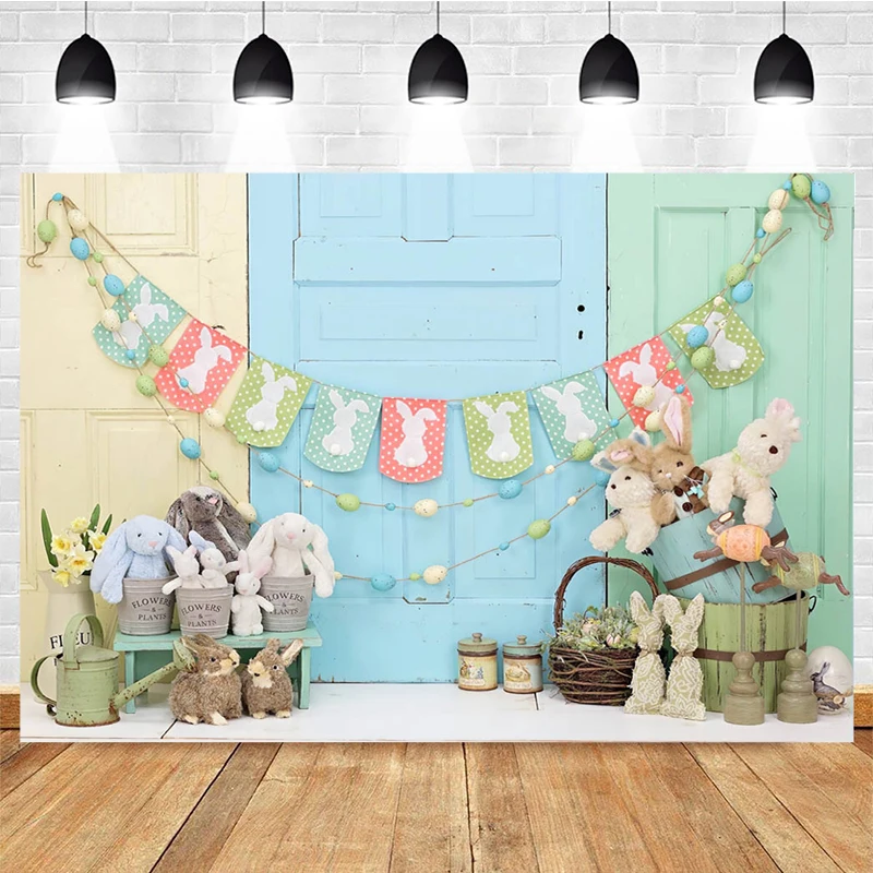 Mocsicka Baby Shower Photography Background Cute Rabbit Wooden Door Decoration Props Child Portrait Photo Backdrop Studio