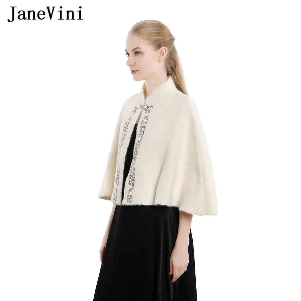 JaneVini Vintage Ivory Wedding Faux Fur Cape 2021 Soft Bridal Coat Cloak Winter Warm Jacket Bolero Outerwear Women Shawls Wraps