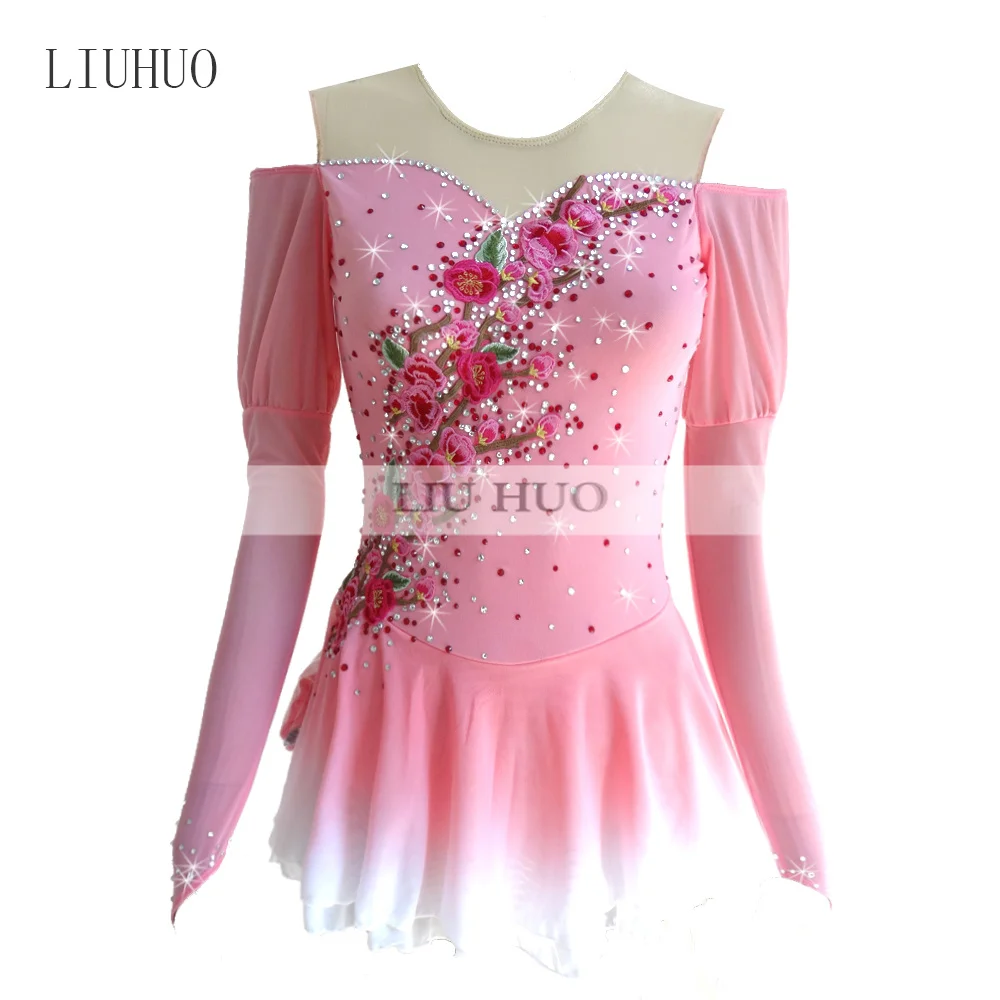 LIUHUO Ice Figure Skating Dress Women\'s Girl Round Neck Long Sleeve Flower Performance Ballet Competition Leotard Costume Teens