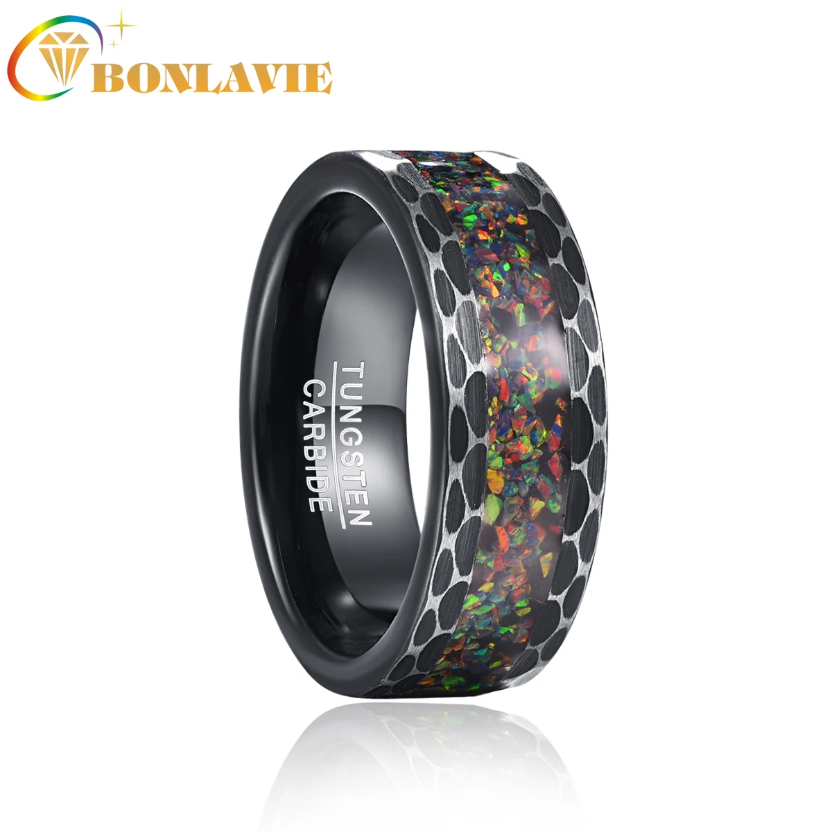 BONLAVIE Brushed Black Edge Inlaid and Crushed Opal Tungsten Ring Men Wedding Band Jewelry