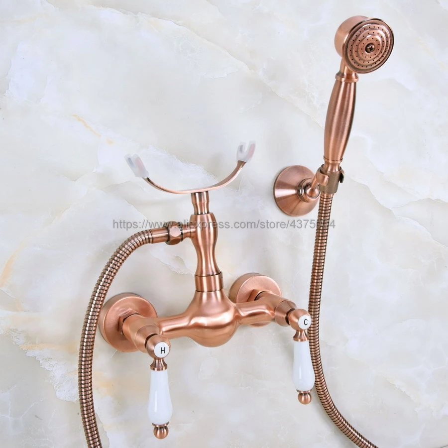 Antique Red Copper Bathroom Rainfall Hand Shower Faucet Set Mixer Tap With Hand Sprayer Wall Mounted Nna356