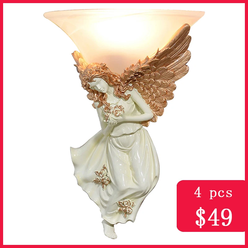 

TUDA European Style Resin Wall Lamps for Living Room Bedroom Wall Lamp Balcony LED Female Angel Statue White Wall Lamps