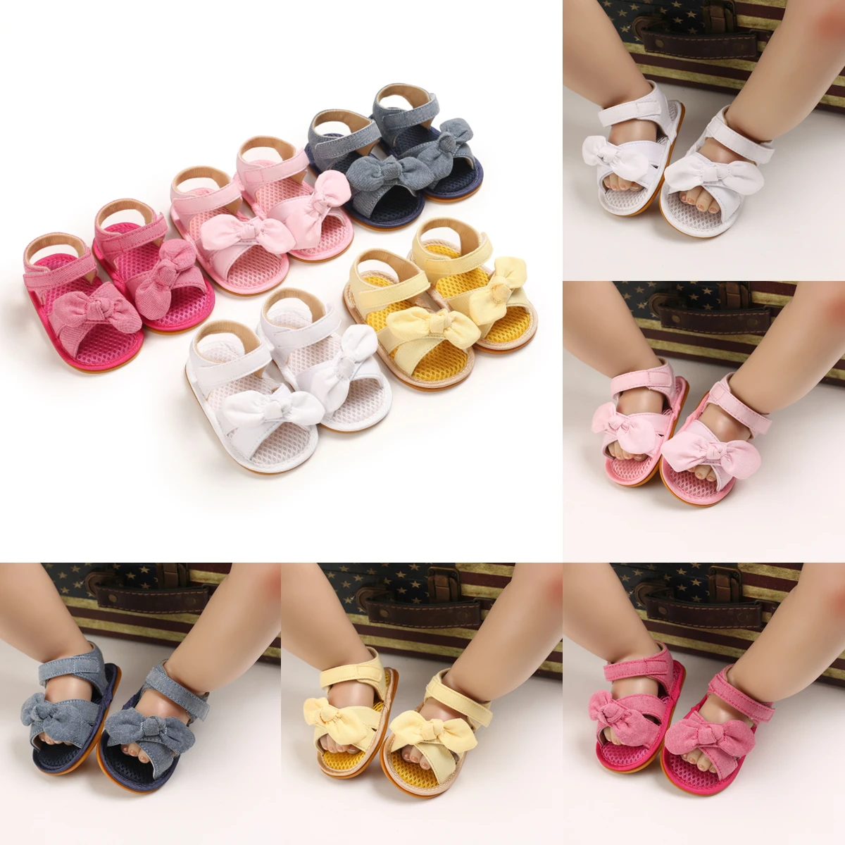 Newborn Baby Shoes Girls Fashion Canvas Bow Knot Sandals Summer Soft Rubber Sole Non-Slip Toddler Shoes First Walker Walking Sho