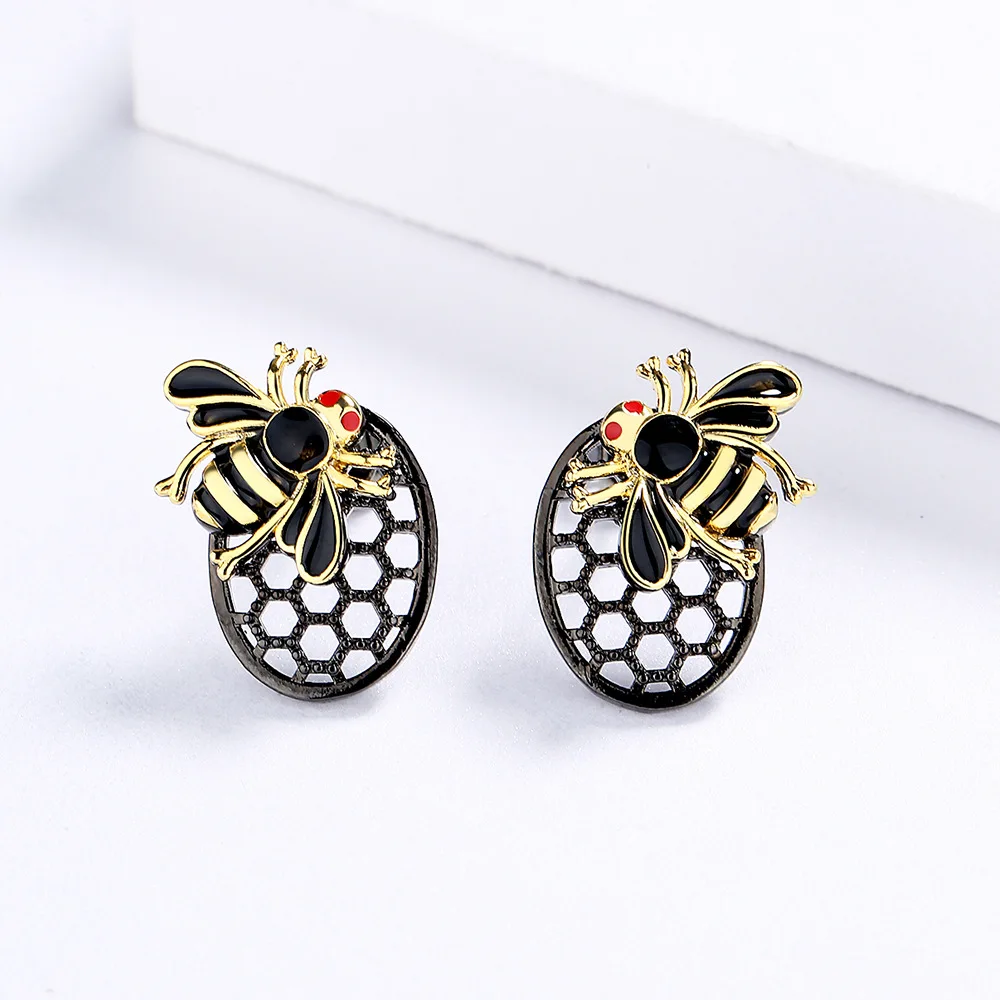 925 Silver Retro Simple Design Handmade Dripping Oil Color Bee Earrings Hollow Black Gold Party Birthday Jewelry Gift