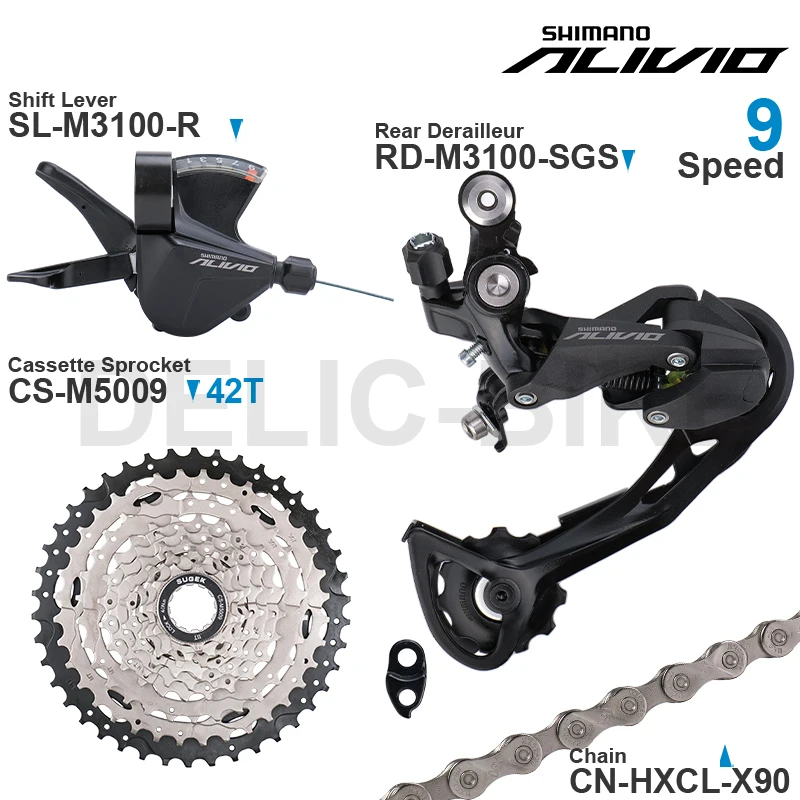 SHIMANO ALIVIO M3100 9Speed Groupset include M3100 Shifter Rear Derailleur and SUGEK Cassette Sprocket 36/42/46T X90 Chain Parts