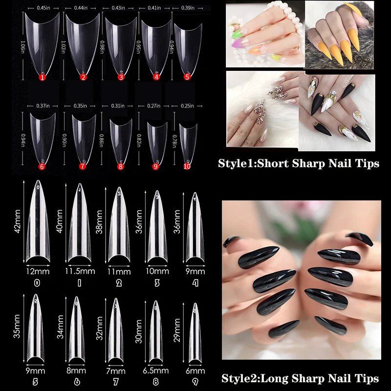 500pcs/Bag Sharp False Nail Art Tips XXL/Short Full Cover Stiletto Tip Gel Manicure Artificial Fake Nails Press On Nail 10 Sizes