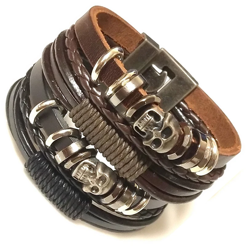 Black/Brown Lucky Vintage Men\'s Skull Leather Bracelet Charm Multilayer Braided Women Pulseira Masculina