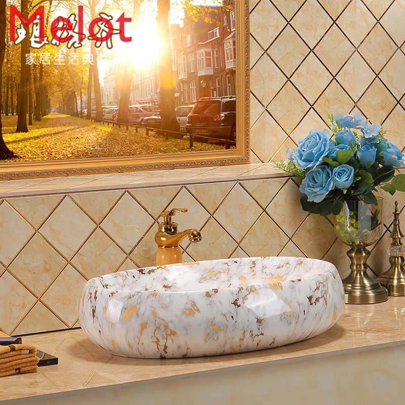 

European-Style Ceramic Table Basin Single Basin American Art Table Basin Bathroom Marble Pattern Washbasin Basin