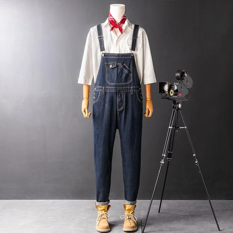 

Style British Vintage Slim Overalls Mens Fashion Stretch Concise Denim Jumpsuits Casual Playsuit 2022 Male New High Street