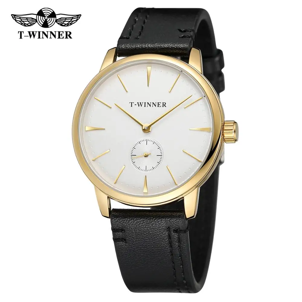 T-WINNER fashion simple casual men\'s and women\'s watches white dial gold case black strap automatic mechanical watch