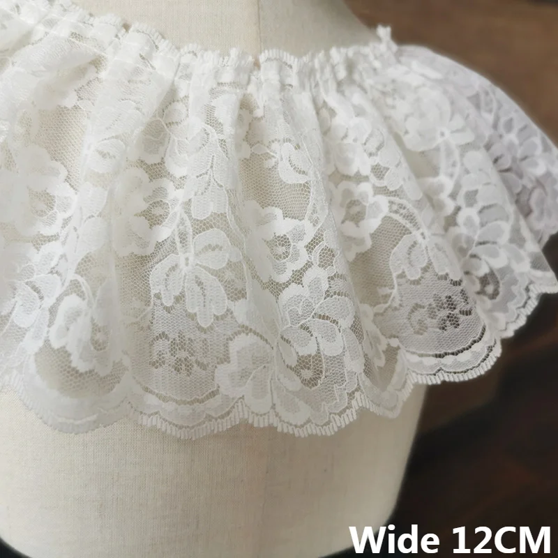 12CM Wide Luxury Tulle White Mesh 3D Pleated Jacquard Lace Fabric Fringe Ribbon Ruffle Trim Wedding Dress Hats DIY Sewing Decor