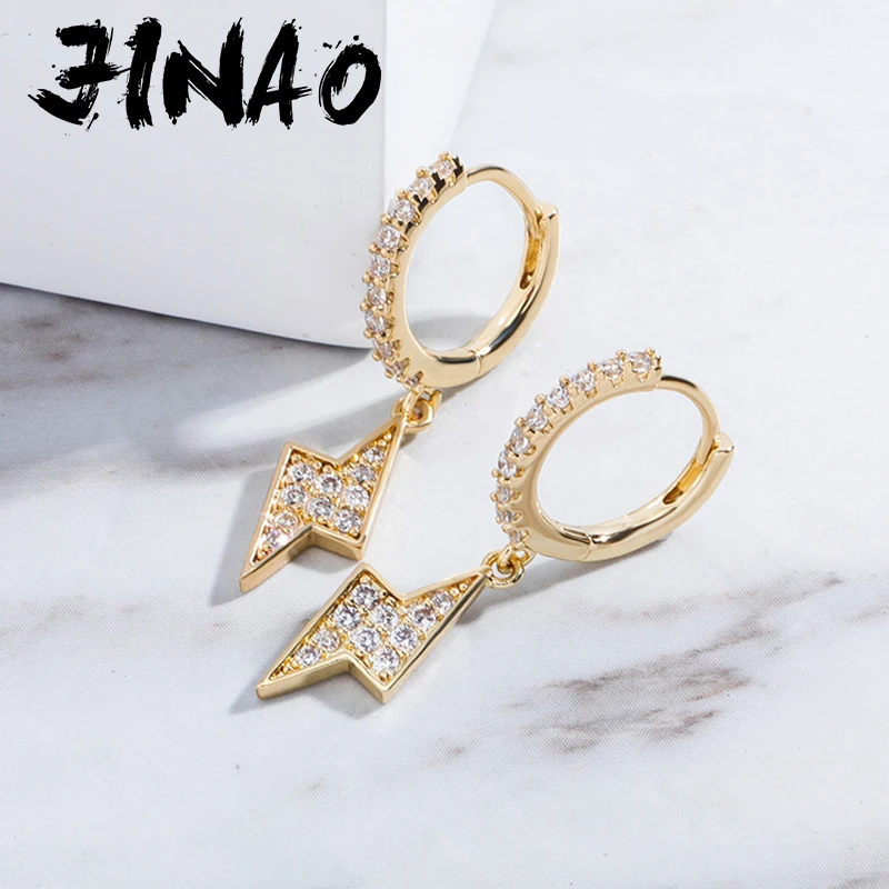 JINAO New Fashion Lightning Dangling Hoop Earrings Iced Out Cubic Zirconia Hip Hop Charm Jewelry Gift For Women