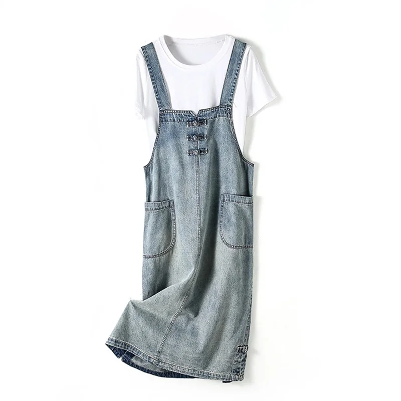 Korean Fashion Denim Sundress Preppy Style Midi Jeans Dress Women Suspenders Loose Jeans Dresses Female Overalls Robe Femme C