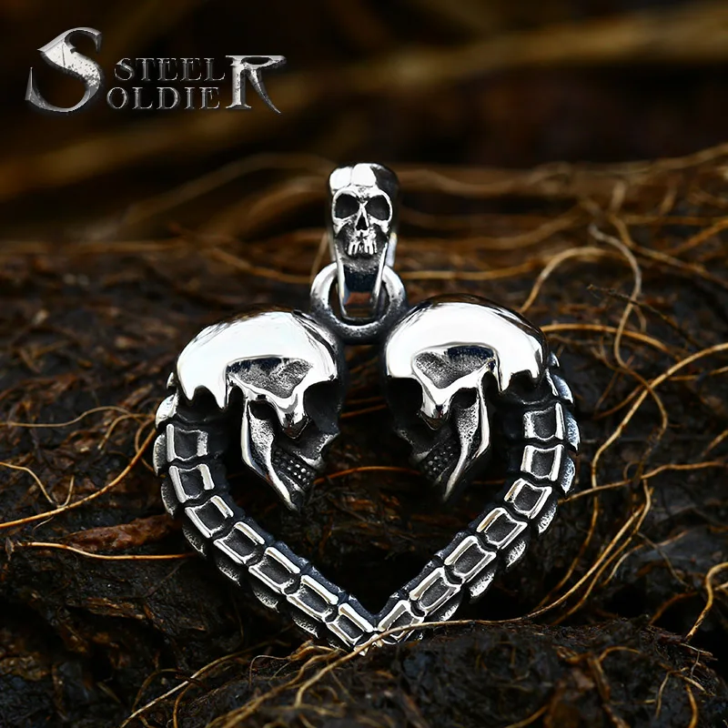 Steel soldier double skull heart design punk biker pendant stainless steel necklace chain trendy jewelry