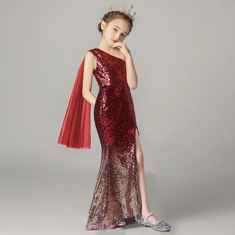 Girl Black Sequined Mermaid Dress Kids Elegant Gowns Children Sleeveless Princess Frocks Girls Wedding Birthday Party Dresses