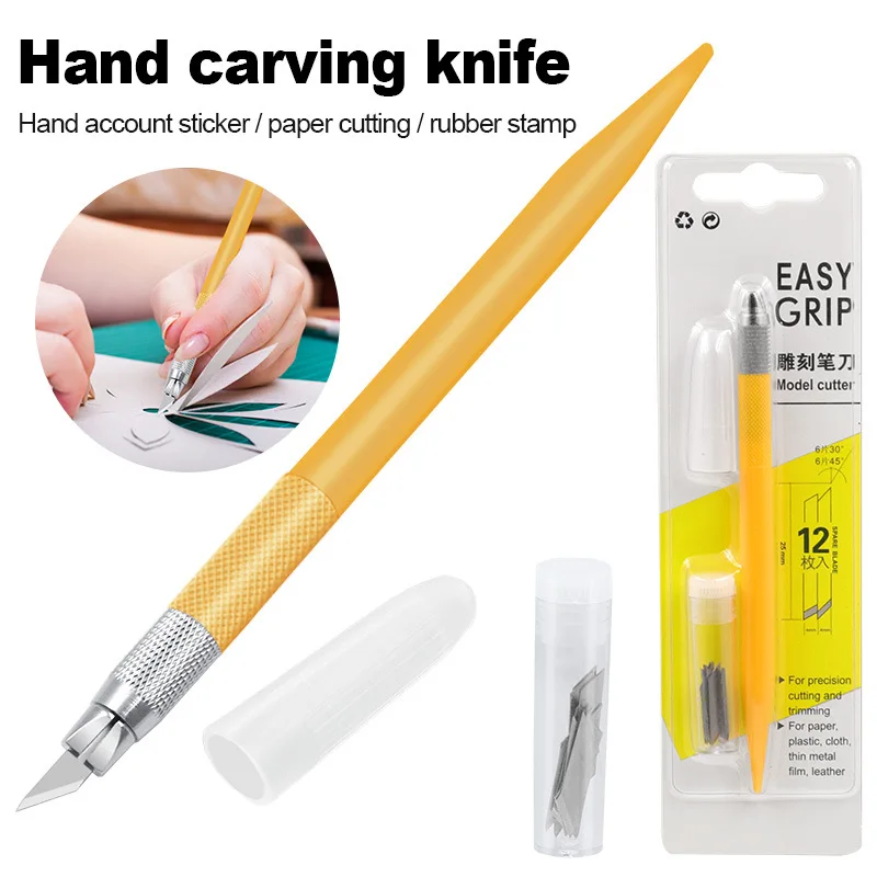 Colour Tweezers Engraving Cutter with 12pcs Blade Non-Slip Handle Craft Carving Knife Letter Paper Knife Scrapbook Accessories