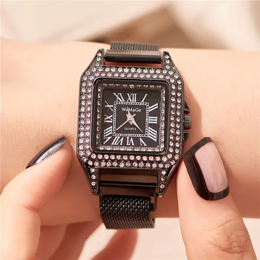 

Women Watch Luxury Diamond Montre Femme 2020 Magnet Steel Mesh Belt Fashion Wrist Watches Square Bracelet Watch Women reloj muje