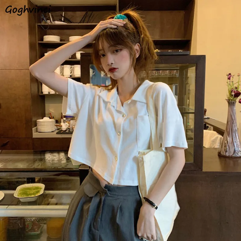 Shirts Women Summer Short-sleeve Turn-down-collar Solid Short Womens Tops Blouses Korean Style Loose All-match Slim Trendy Retro