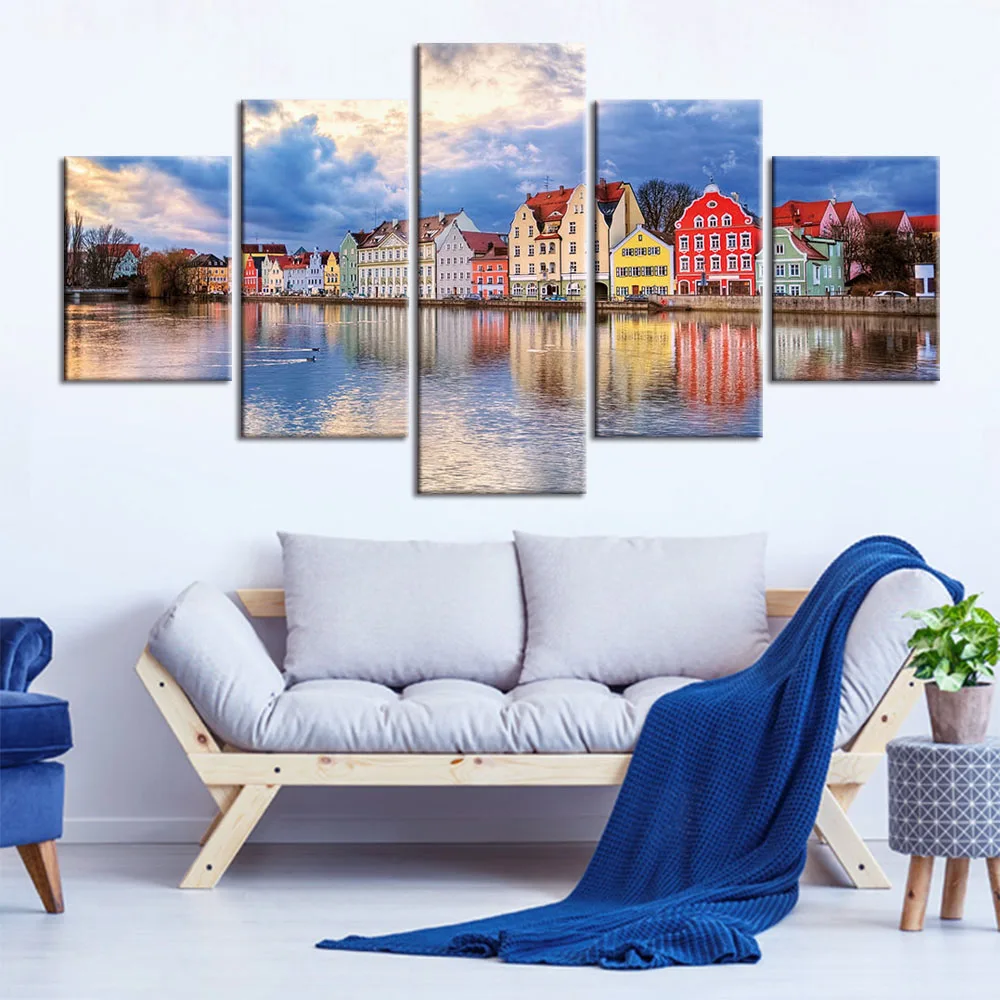 

No Framed 5 Panel Painting Print Cityscape Beautiful Seaside Poster Canvas Art Modular Pictures Wall Art for Living Room Decor