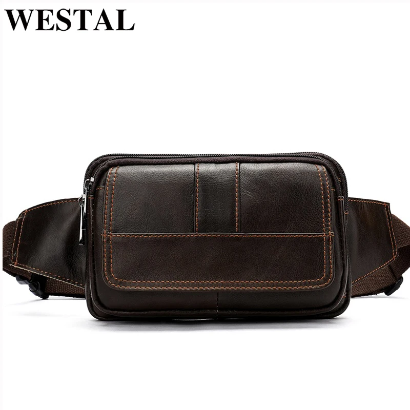 WESTAL-riñonera de cuero genuino para hombre, bolso de cintura para teléfono, riñonera deportiva para dinero, 8966