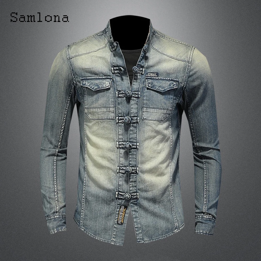 Long Sleeve Men Fashion Tops Streetwear 2022 Summer New Patchwork Denim Shirt Casual Slim Jean Denim Blouse Sexy Mens Clothing