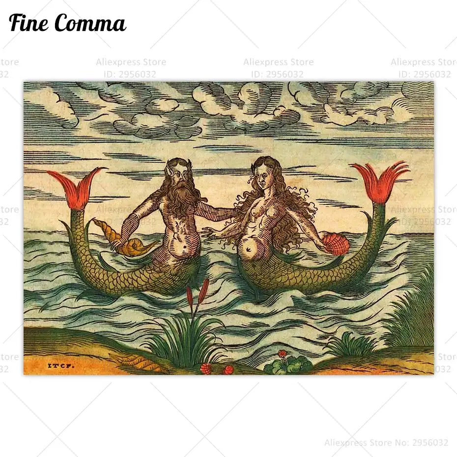 Antique Mermaid and Merman Poster Medieval Mermaids Vintage Art Canvas Print Mythical Wall Art Nautical Home Decoration Gift