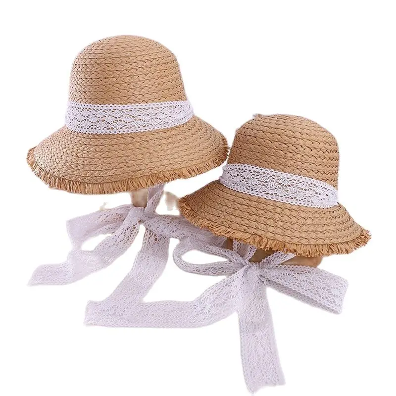 

2021 New Bud Silk Ribbon Parent-Child Sun Hat Spring Summer Brand Beach Straw Hat For Women Girl Wide Brim Goddess Cap