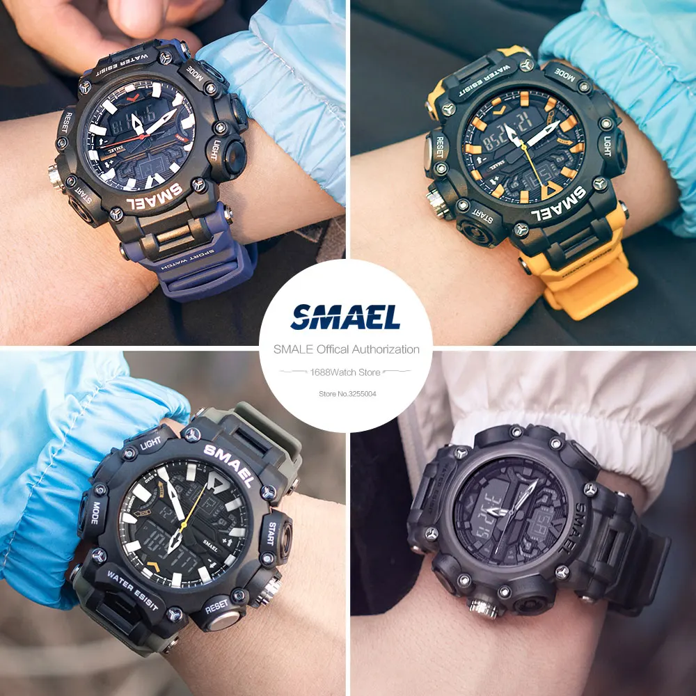 SMAEL Dual Time LED Digital Watch for Men 50m Waterproof Chronograph Quartz Watches Orange Military Sport Electronic Wristwatch