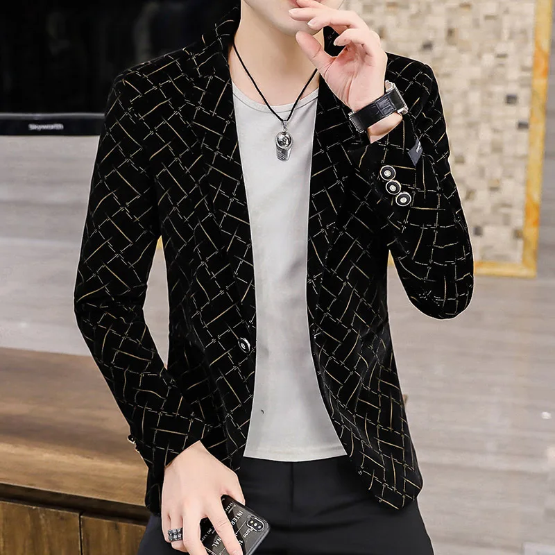 

2024 Men's New Autumn Printed Velveteen blazer Youth Slim Fit Handsome Casual blazers