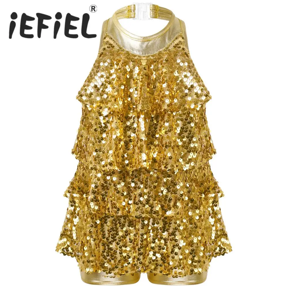 Shiny Sequins Kids Girls Halter Ballet Dance Stage Performance Dress Shorty Unitard Dress Modern Jazz Latin Dancing Costumes