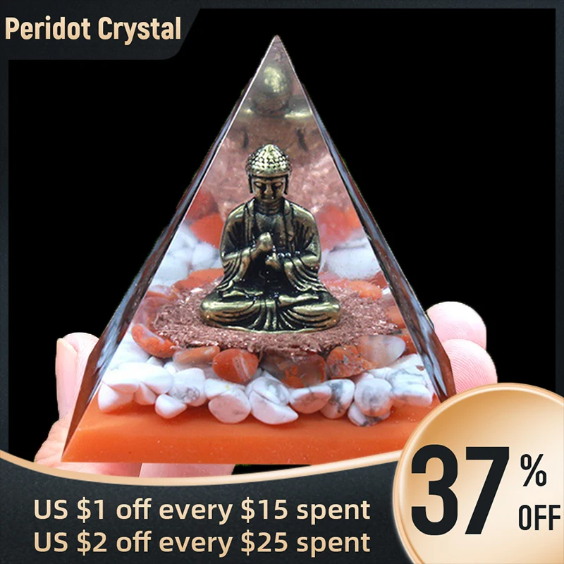 6cm Buddha Statue Energy Generator Orgone Pyramid Amethyst Peridot Healing Crystal Reiki Chakra Orgonite Pyramid Meditation Tool