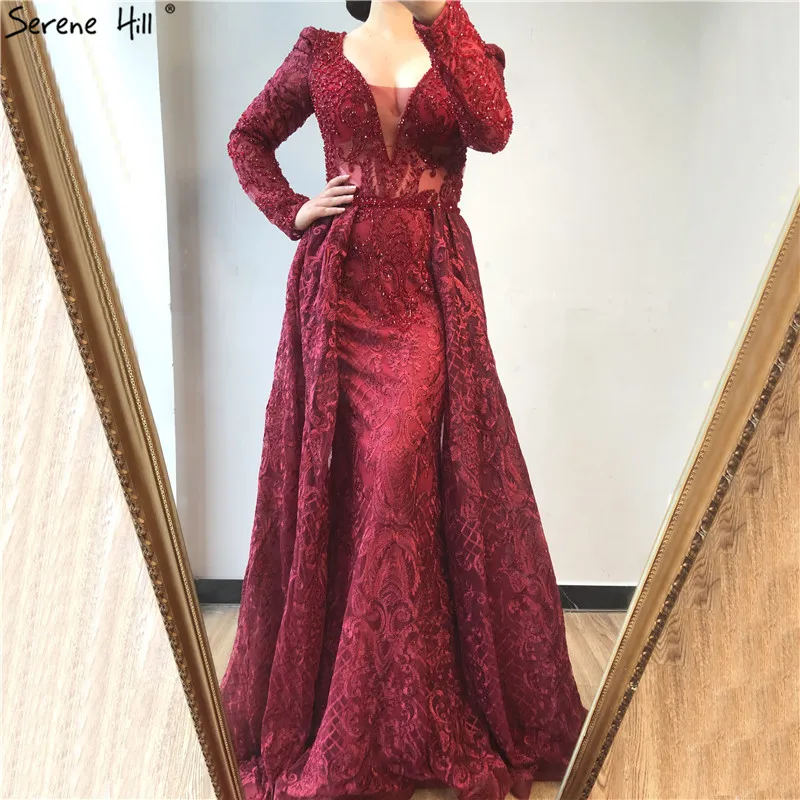 SERENE HILL Customized Dubai Burgundy Luxury Beaded Mermaid Evening Gown 2025 V-Neck Long Sleeves Party Dress Plus Size CLA70159