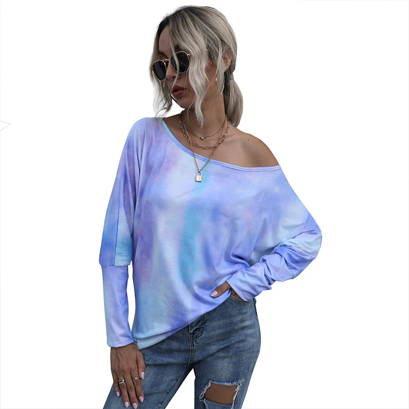 Blusa con estampado Tie Dye para mujer, Camisa básica de manga larga con cuello redondo, holgada e informal, ropa de calle femenina para Otoño e