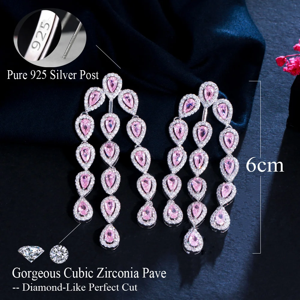 CWWZircons Luxury Designer Dangly Tassel Drop Pink Cubic Zirconia Crystal Long Earrings for Women Wedding Party Jewelry CZ963