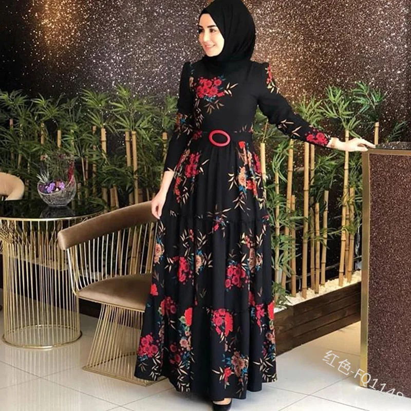 Women Dress Muslim Abaya Islamic Full Sleeve Floral Flower Casual Fashion Autumn Ruffles Ladies Long Maxi Dresses