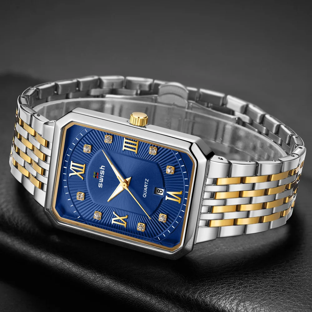 SWISH Business Simple Relogio Masculino Quartz Men Watch Male Blue Rectangle Two Tone Gold Case Roman Numbers Gift Box Date