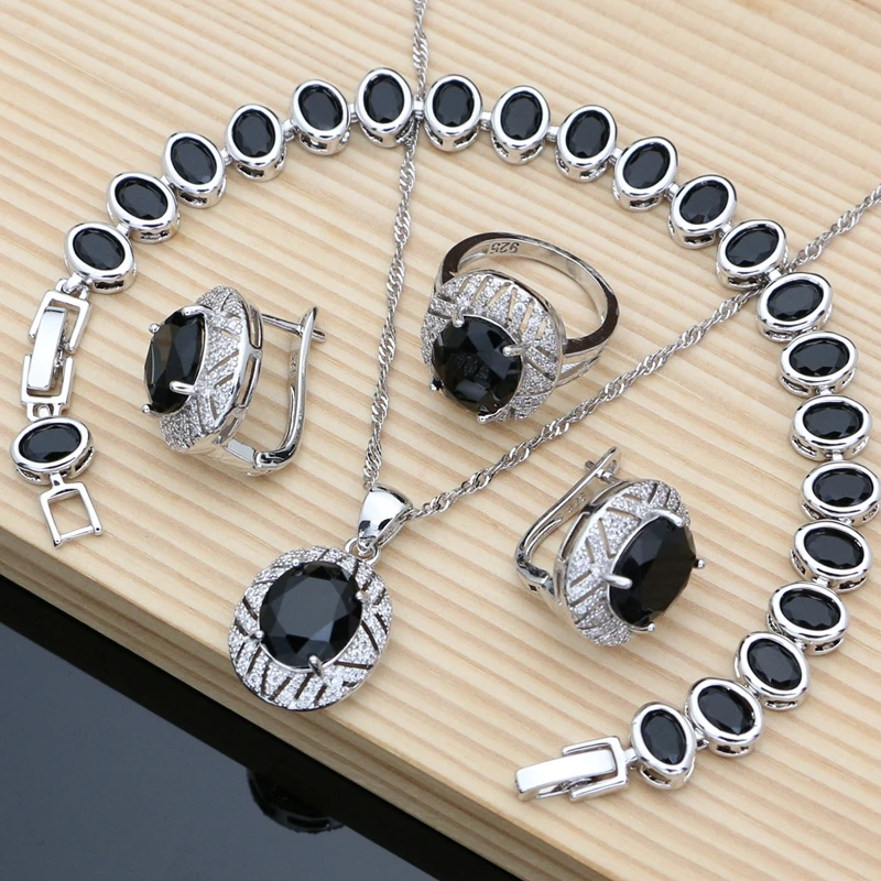 Black Obsidian 925 Silver Jewelry Sets Hoop Earrings Rings Accessories Women Wdding Fine Jewellry Necklace Set  Dropshipping