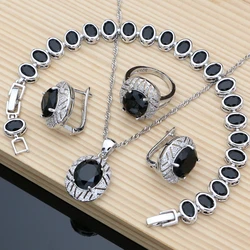 Black Obsidian 925 Silver Jewelry Sets Hoop Earrings Rings Accessories Women Wdding Fine Jewellry Necklace Set Dropshipping
