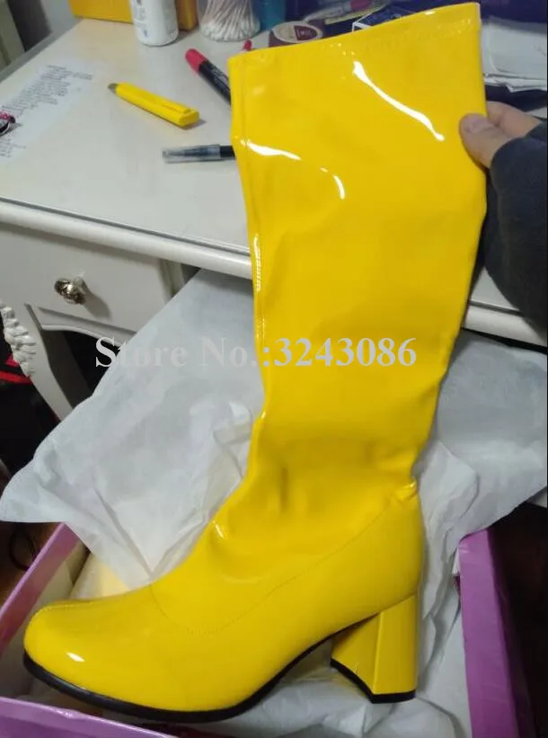 Candy Color Chunky Heel Knee-High Woman Boots Fashion Round Toe Large Size Sweet Lady Mid-Calf Boots Fluorescent Yellow Boots