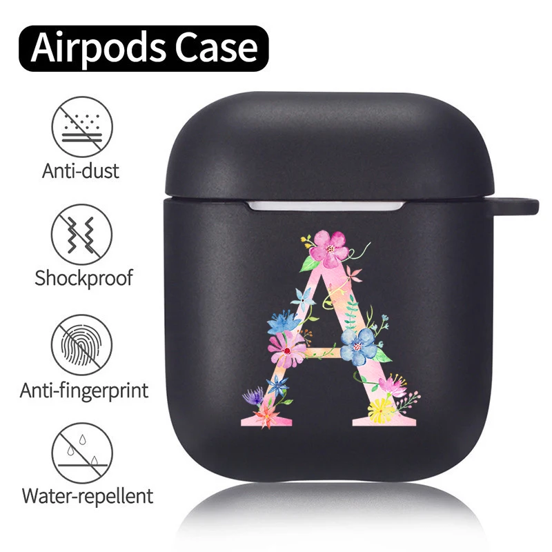 Sweet Pink Flowers 26 A-Z Alphabet Black Silicone Case for Apple Airpods 1 2 Cases Capital Letter Soft Airpods Earphone Cover