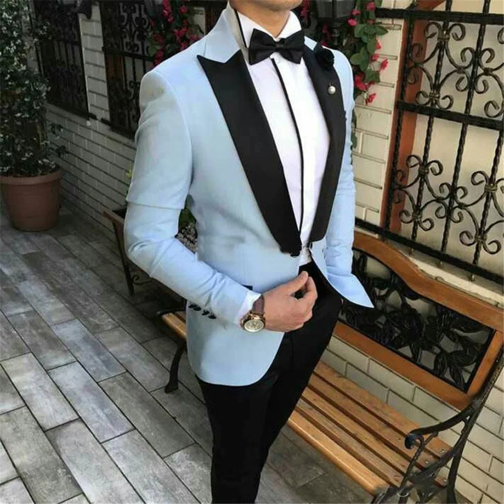 

Blue Groomsmen Peak Lapel Groom Tuxedos Mens Wedding Dress Man Jacket Blazer Prom Dinner Suit(Jacket+Pants+Tie)