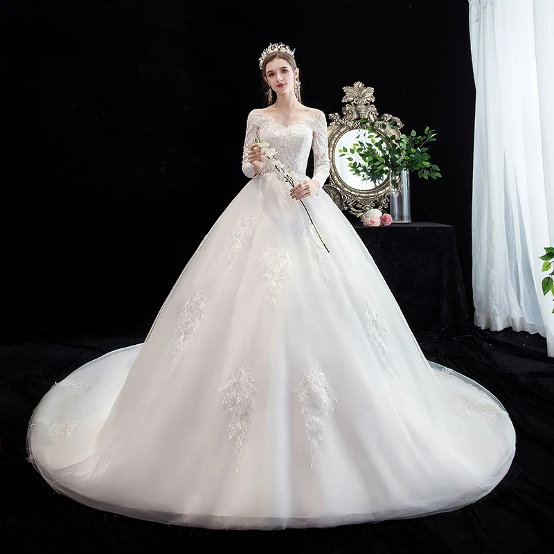 

Ezkuntza Luxury Illusion V Neck Full Sleeve Wedding Dress Lace Embroidery Plus Size With Train Slim Bridal Gown Robe Customized