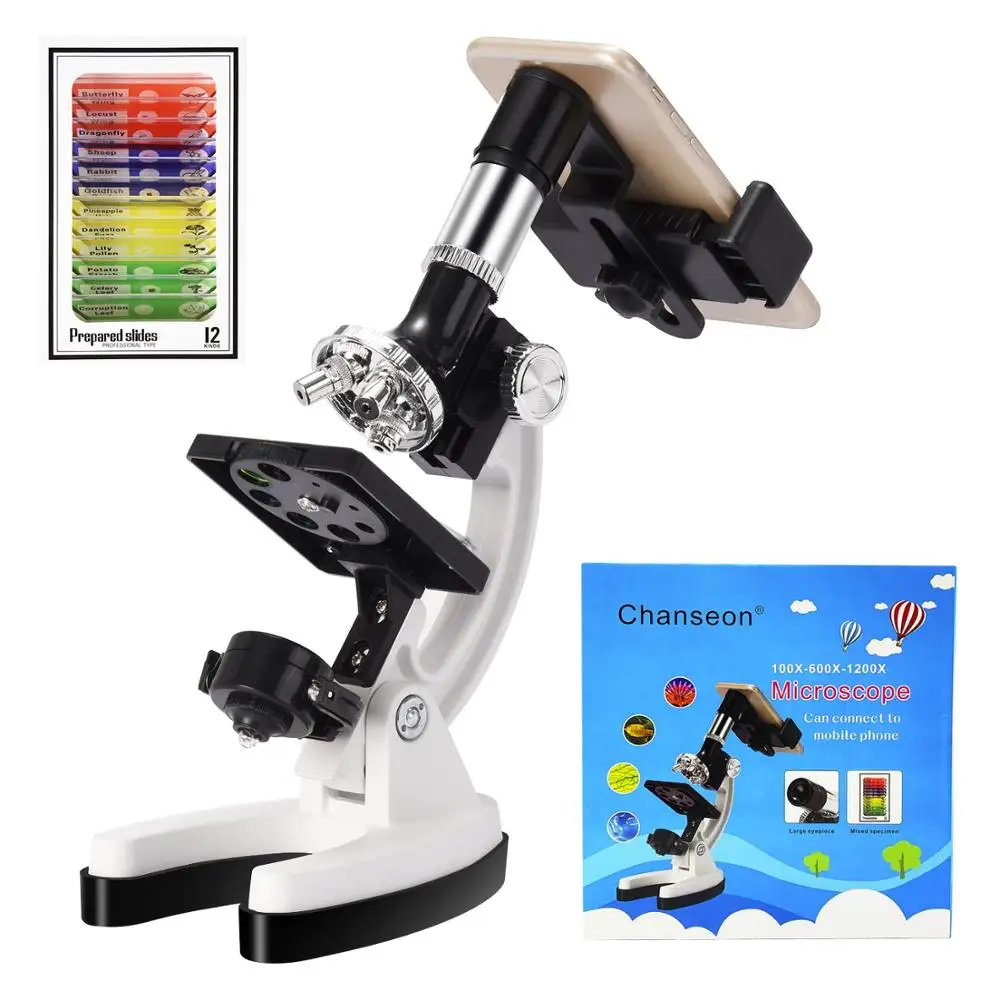 

100X-1200X-1200X Gifts for Kids Beginner Biological Microscope metal body with phone holder adapter Plastic Slides